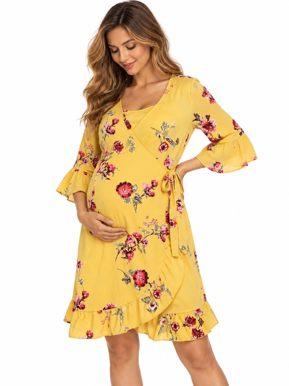 Everly Grey Yellow Leilani Floral Maternity & Nursing Romantic Wrap Dress Size L